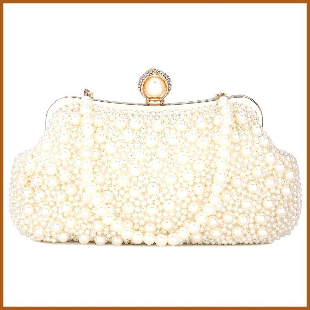 Pearl Clutch Bag with Crystal Beads and Removable Straps